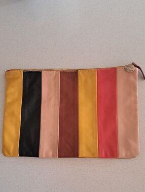 Clare V. Striped Leather Clutch | Multicolor Pink Mustard Black | Soft Leather